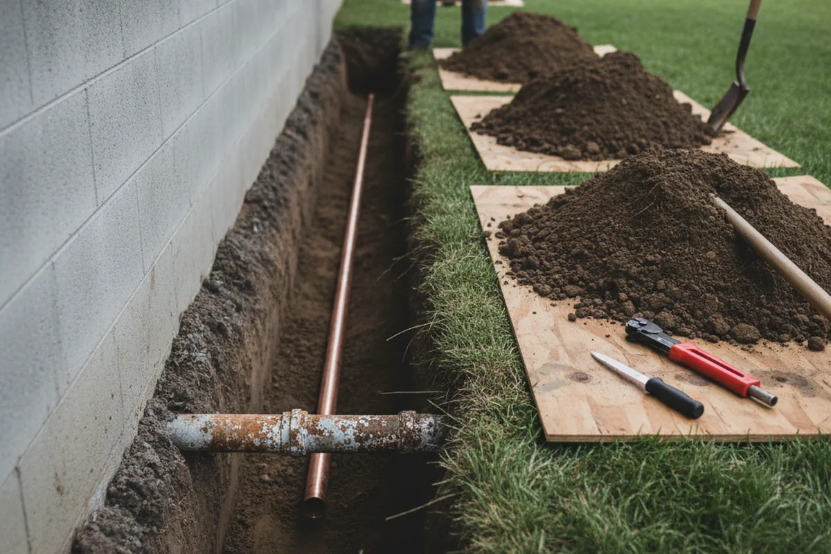 Excavated water line trench during Water Heater Repair in Faith